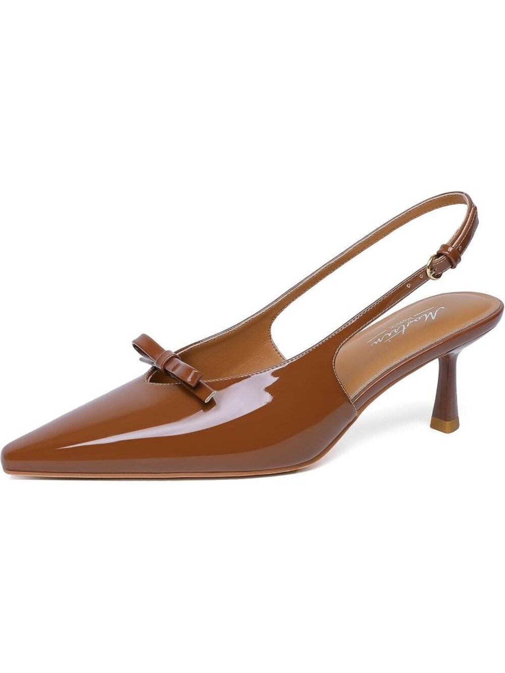 Women's Pointed Toe Patent Leather Brown Low Slingback Heels Buckle Shoes